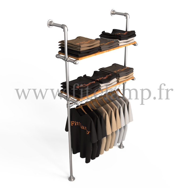 Etagère simple avec penderie en structure tubulaire acier galvanisé. En situation. FitClamp